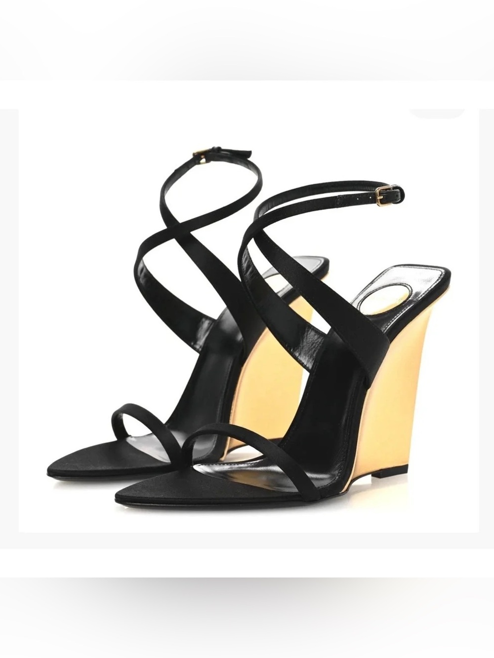 Yves Saint Laurent Black Strappy Wedge Sandals with Nude Wedge